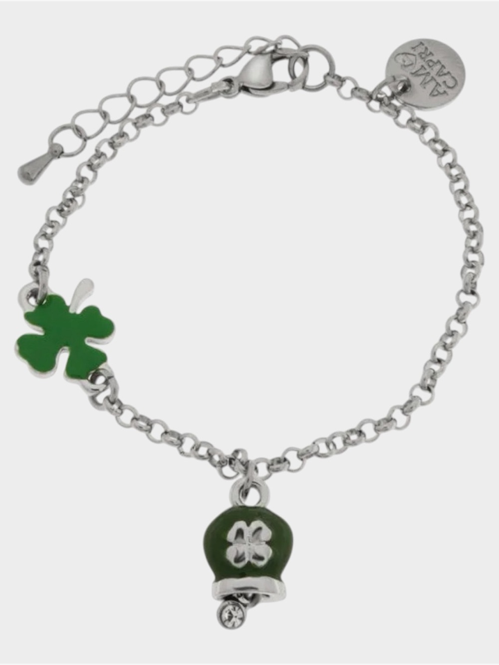 NWT AMO Capri Italy Green Enamel Shamrock & Bell Charm Bracelet Adjustable.